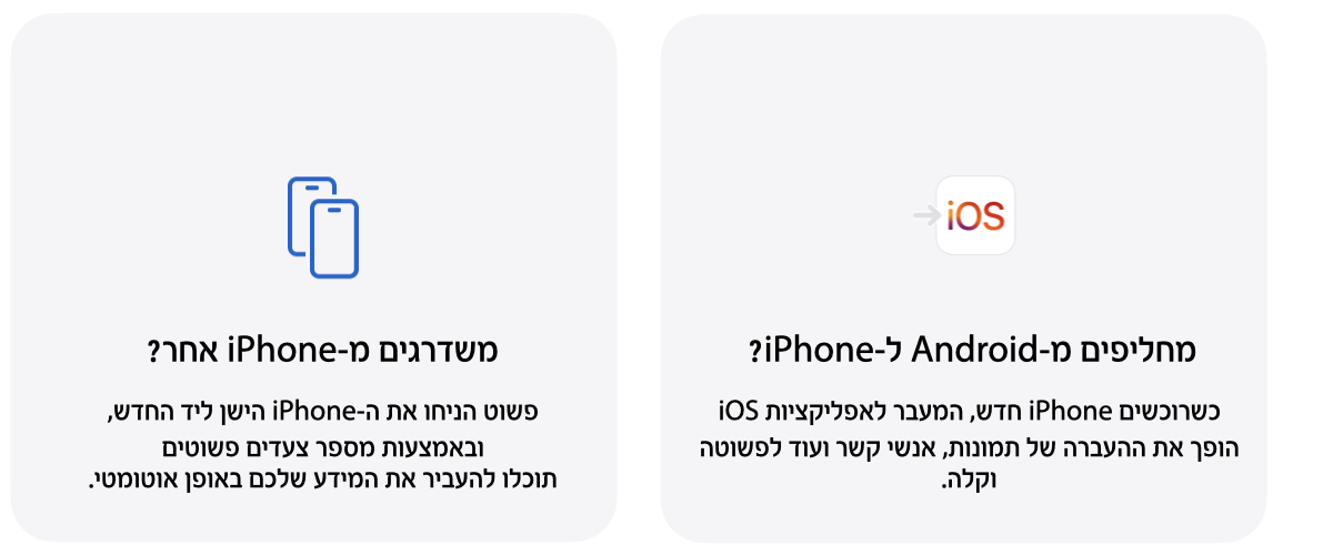 מחליפים מ-iPhone ל-android? כשרוכשים iphone חדש, המעבר לאפליקציות iOS הופך את ההעברה של תמונות, אנשי קשר ועוד לפשוטה וקלה. משדרגים מ-iPhone אחר? פשוט הניחה את ה-iPhone הישן ליד החדש, ובאמצעות מספר צעדים פשוטים תוכלו להעביר את המידע שלכם באופן אוטומטי. 
